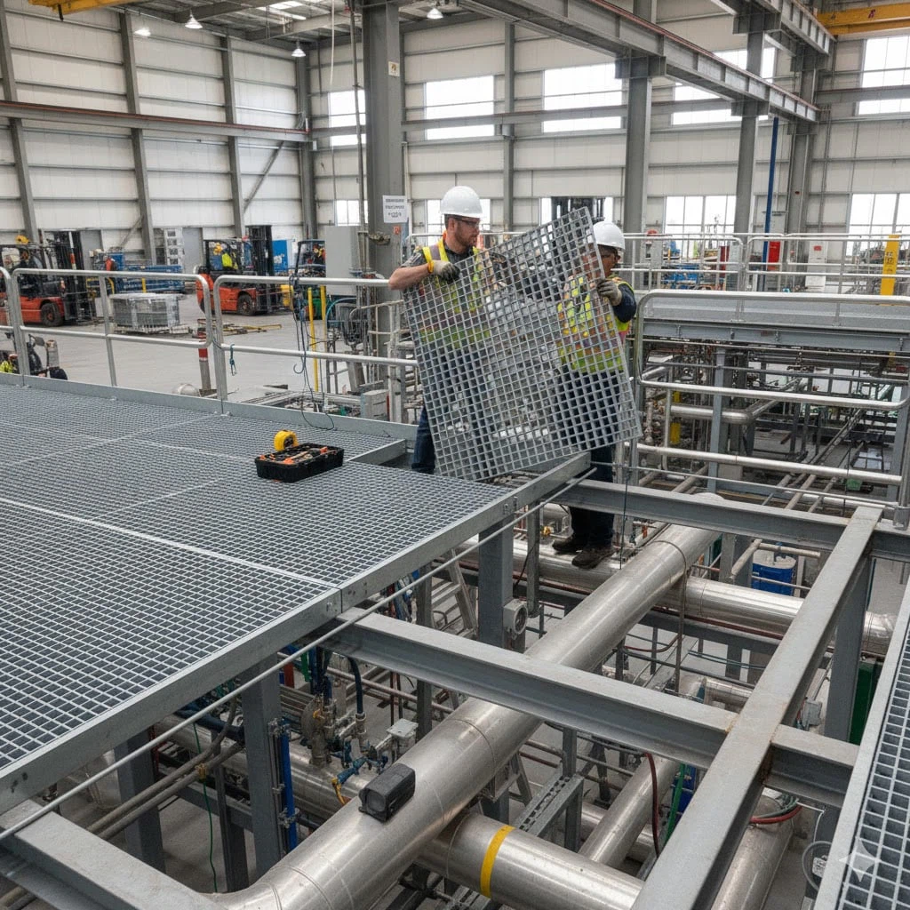 Fiberglass grating walkway installation in a USA industrial facility showing lightweight handling Fiberglass grating walkway installation in a USA industrial facility showing lightweight handling
